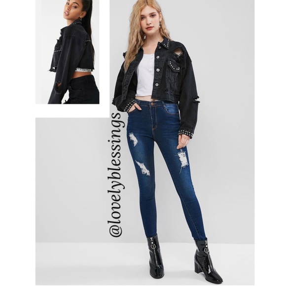 Cropped Black Jean Jacket Denim Distressed Ripped Silver Studded Streetwear Crop - Picture 16 of 16